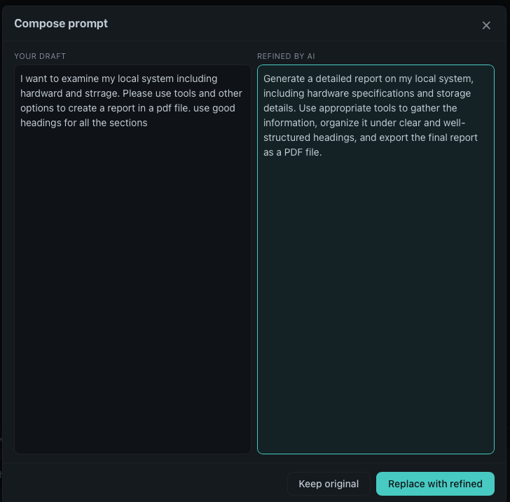 Compose prompt modal with AI-refined version