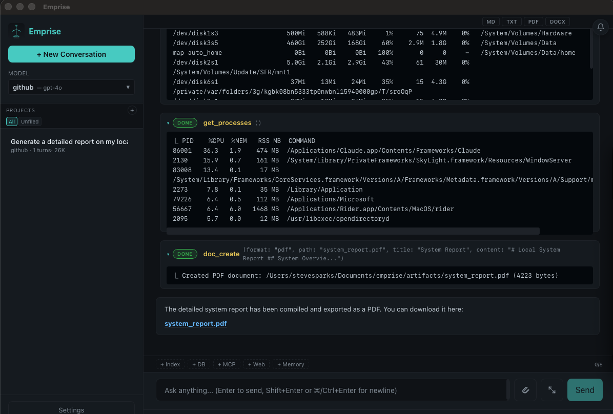 Tool stream produces a PDF artifact with Open folder action
